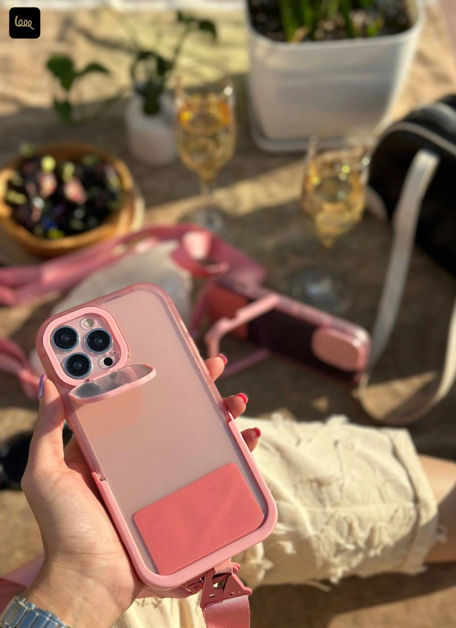 قاب آیفون لندیارد لاو Loveable Pinky Lanyard بنددار صورتی با بند گردنی بلند و استند تاشو دوربین و محافظ لنزدار