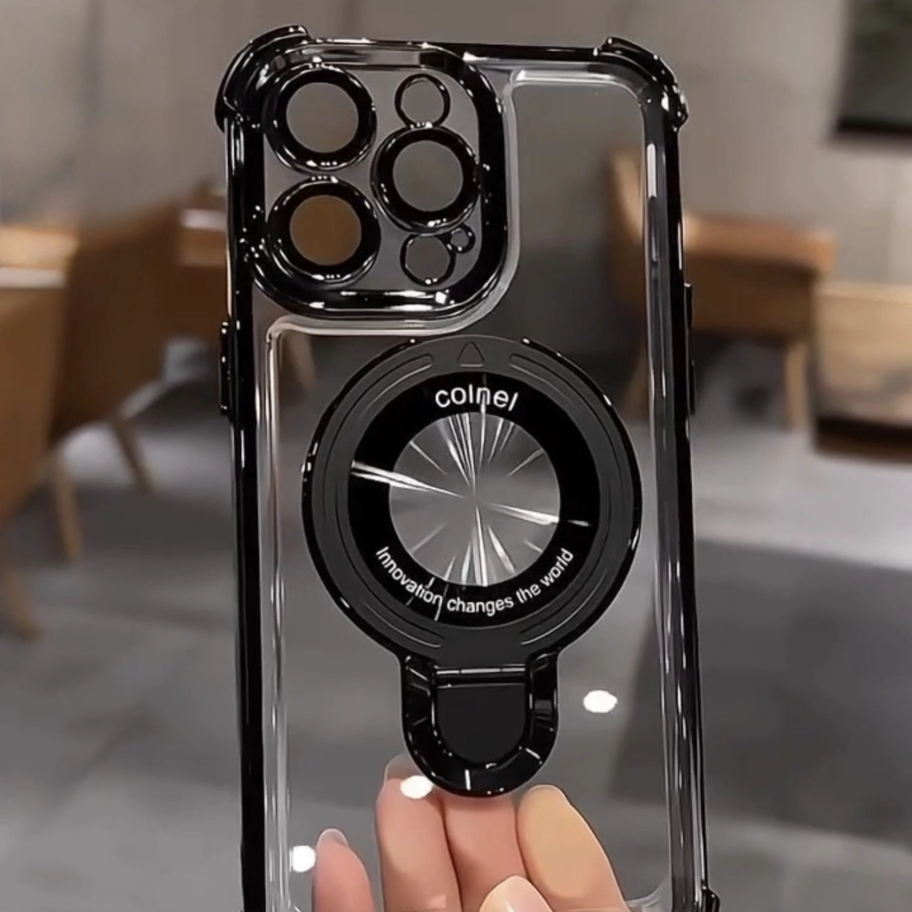 قاب گوشی Aircosion Coinball case شفاف در سه رنگ مشکی و طلایی و رزگلد دارای استند تاشو و ایرکوشن