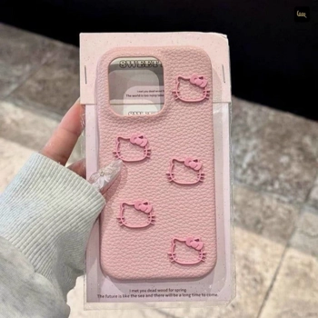 قاب آیفون Kitty Leather Pink Case صورتی با روکش چرمی و طرح برجسته کیتی روی بدنه