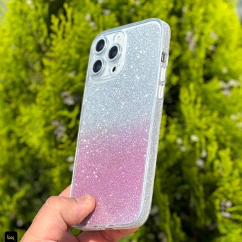 قاب آیفون Bling Pink رزینی اکلیلی گرادیانت نقره‌ای صورتی با محافظ لنز یکپارچه براق