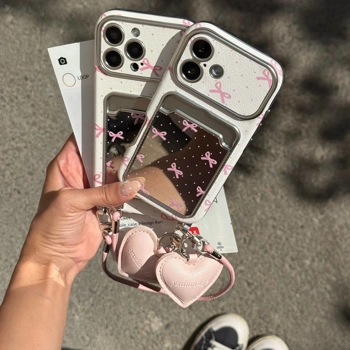 قاب گوشی کلاسیکارد پاپیون آیینه ای صورتی به همراه آویز و چارم قلبی (Classicard Bowtie Mirror Pinky)