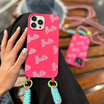 قاب آیفون باربی صورتی بند لنیارد رنگی Barbie Lanyard