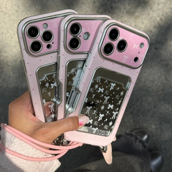 قاب گوشی کلاسیکارد پاپیون آیینه ای به همراه آویز + چارم قلبی و توپی رندوم(Classic Card Bag + Heart Charm + Pendant) 