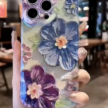 قاب آیفون Spring IMD Flower Case با گل‌های برجسته آبی و بنفش روی بدنه براق طرح بهاری
