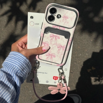 قاب گوشی کلاسیکارد پاپیون روبانی صورتی به همراه آویز و چارم گل (Classic Card Bag + Flower Charm + Pemdant)