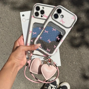 قاب گوشی کلاسیکارد پاپیون آیینه ای صورتی به همراه آویز و چارم قلبی (Classicard Bowtie Mirror Pinky)