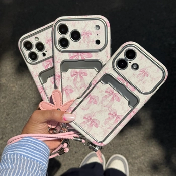 قاب گوشی کلاسیکارد پاپیون روبانی صورتی به همراه آویز و چارم گل (Classic Card Bag + Flower Charm + Pemdant)