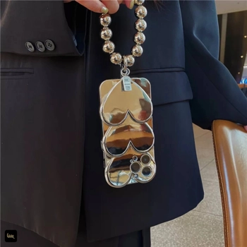 قاب آیفون Heart Mirror 3D قلبی آینه‌ای نقره‌ای با بند مرواریدی کروم 
