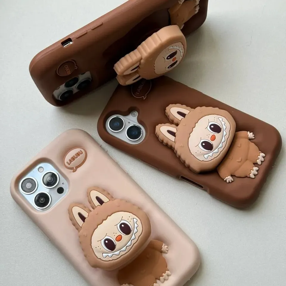 قاب سیلیکونی لبوبو عروسکی پاپ‌سوکت‌دار رنگ موکا و اسپرسو برای گوشی موبایل