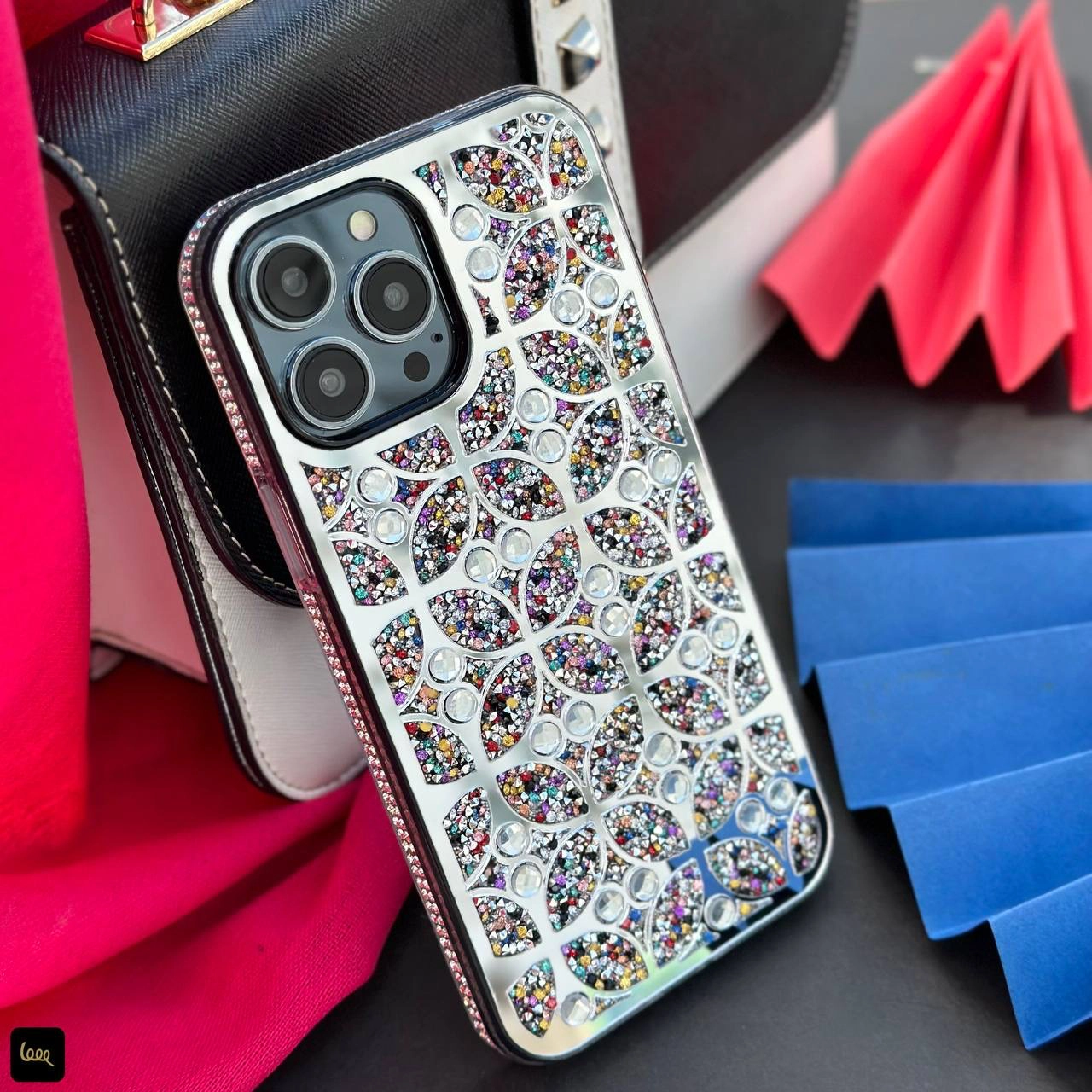 قاب آیفون Classic Glitter دایموند مولتی‌کالر با نگین‌کاری گلیتری و فریم کروم – LoopTel