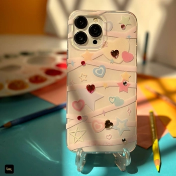 قاب آیفون Heart Diamond طرح Love & Star قلبی نگین‌دار شفاف پاستلی روی گوشی آیفون | لوپ‌تل